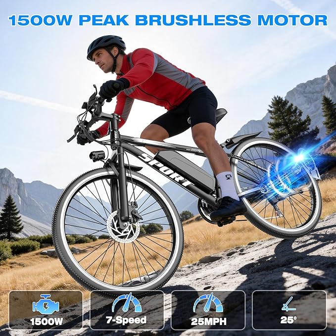 ASKGO Electric Bike for Adults, 1500W Peak Motor, 25Mph, 65Miles, 48V 10AH Removable Battery, 26“ Mountain Ebike with 7-Speed Gear for Beach Snow Commuter
