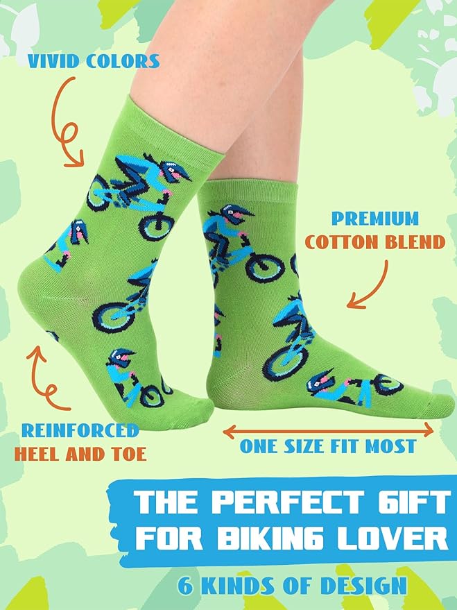 Zoooyawn 6 Pairs Cycling Biking Socks for Men Women Biking Gifts Bulk Funny Crew Socks for Mountain Bike Sports Lovers Gifts