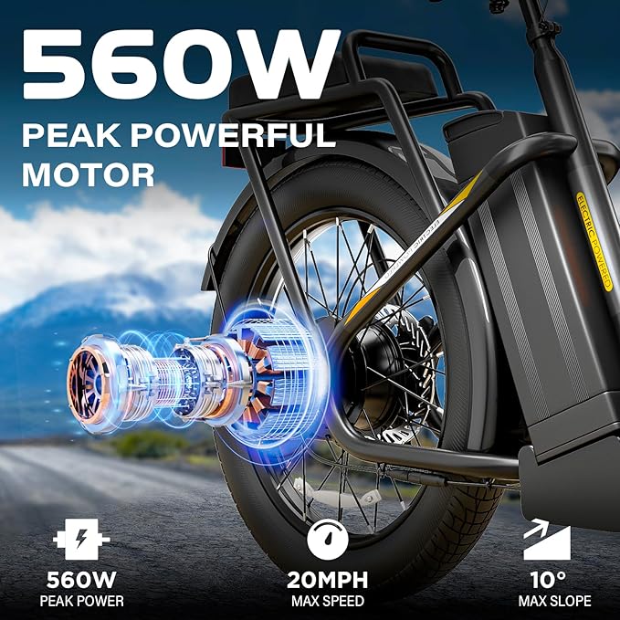Caroma Peak 500W Electric Scooter with Seat, 20" Fat Tire Electric Bike with 36V Removable Battery, Up to 15Miles & 20MPH, Foldable Adult Electric Bicycles for Commuting with Basket (Black)