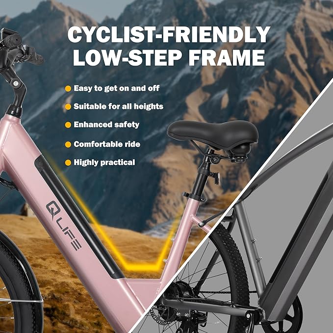Qlife Cityone 2.0 Electric Bike for Adults,Up to 65Miles,28MPH,1200W Peak Motor 26" Ebike,499WH Certified Battery Electric Commuter Bicycle with Front Suspension & 7-Speed Ebikes