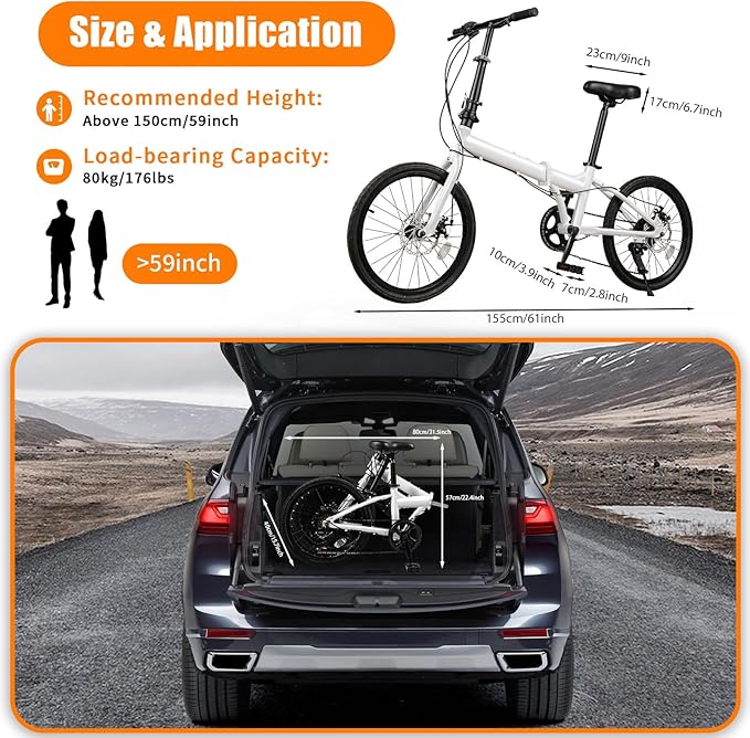20-Inch Folding Bike, Foldable Bike for Adults Adjustable Seat Height & Elevable Handlebars Store in The Trunk 7-Gear Transmission Front and Rear Disc Brakes for Traveling