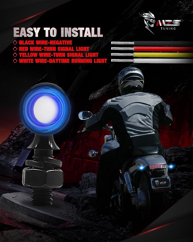 MZS Motorcycle Rear LED Turn Signals, Blue Light Mini Turn Signal Tail Light, Minimalist Design, Universal 6mm Screw Suitable for 6mm/8mm/10mm Hole Compatible with Most Family Motorcycles