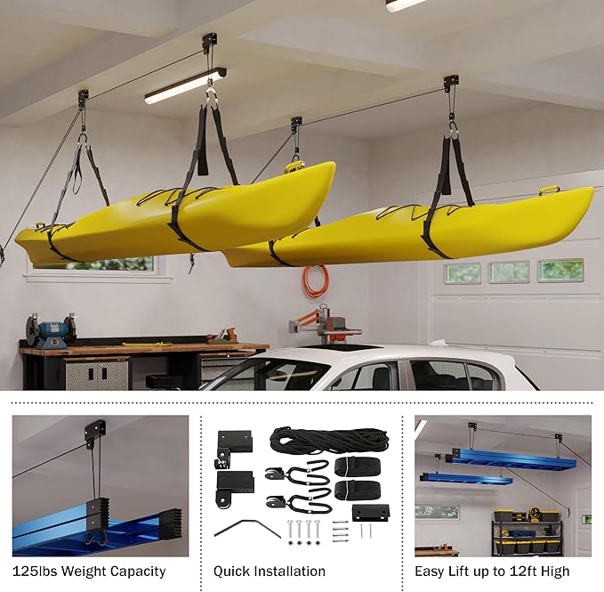 RAD Sportz Kayak Hoist 2-Pack Quality Garage Storage Canoe Lift with 125 lb Capacity Even Works as Ladder Lift Premium Quality Pulley System