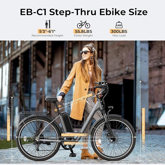 Electric Bike for Adults, Peak 1000W Ebike, 50Miles 21.7MPH UL 2849 Certified Commuter Bike, 26'' City Cruiser Bicycle with 48V Removable Battery, Rear Rack, Adjustable Stem, 7 Speed