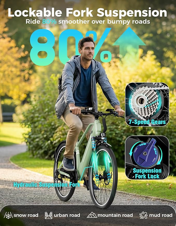 Jasion 26" Electric Bike for Adults, Internal Removable Battery Ebike with 3 Modes & 7-Speed, UL2849 Certified, 1200W Peak Motor, Max 28Mph & 50Miles, Shock Absorber, Electric City Commuter Bicycle