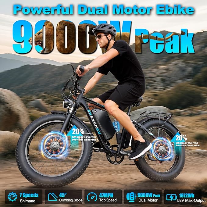 9000W Peak Electric Bike for Adults,58V Max-Output 1972Wh Dual Motor Ebike,47MPH 105Miles Range,24" x4.0 Fat Tire Hydraulic Disc Brake Full Suspension E-Bike for Mountain Snow Commuter