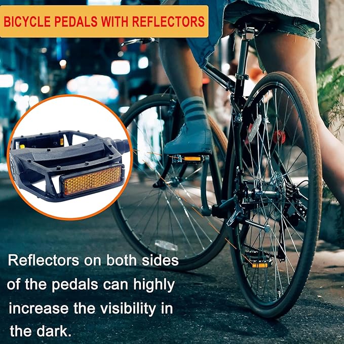 A Pair Bike Pedals, Lightweight Platform Pedals with Reflector for Mountain Bike Road Bike BMX/MTB Bike, Threads Size 9/16
