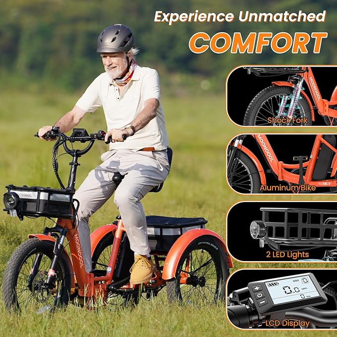 MOPHOTO Electric Tricycles for Adults, 3 Wheel E-Bike with 350W–750W Motor, Folding or Cruiser Frame, Multiple Speeds and Tire Sizes