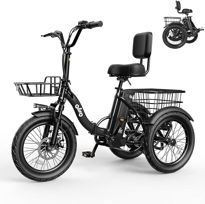 Qlife Triker Electric Bike, Peak 750W/1200W Brushless Motor Folding Trike Ebike, 499Wh Removable Battery, Step-Thru 3 Wheel Electric Bicycle, Up to 55 Miles, 20 Tire Tricycle for Adults