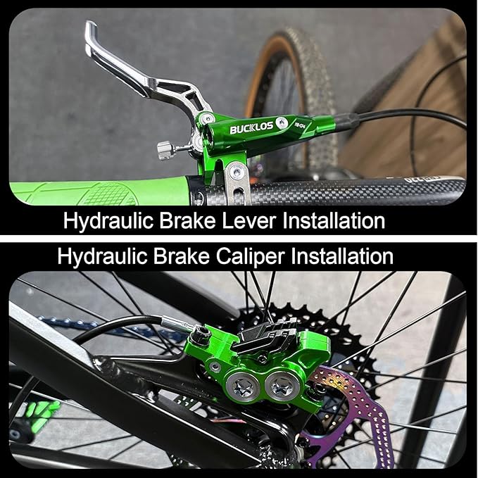 BUCKLOS MTB Hydraulic Disc Brake Set 4 Pistons Front 850mm and Rear 1550mm Hydraulic Brakes with Aluminum Alloy Lever with Caliper Ceramic Brake Pad Fit Mountain Bike,Ebike,Fat Bike HB-CP4 (Pre-Bled)