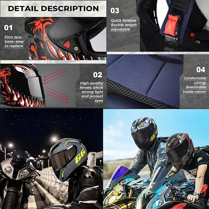 Full Face Motorcycle Helmet Racing Motocross Helmets with Pinlock Compatible Clear&Tinted Visors DOT Model Approved Street Bike Helmet