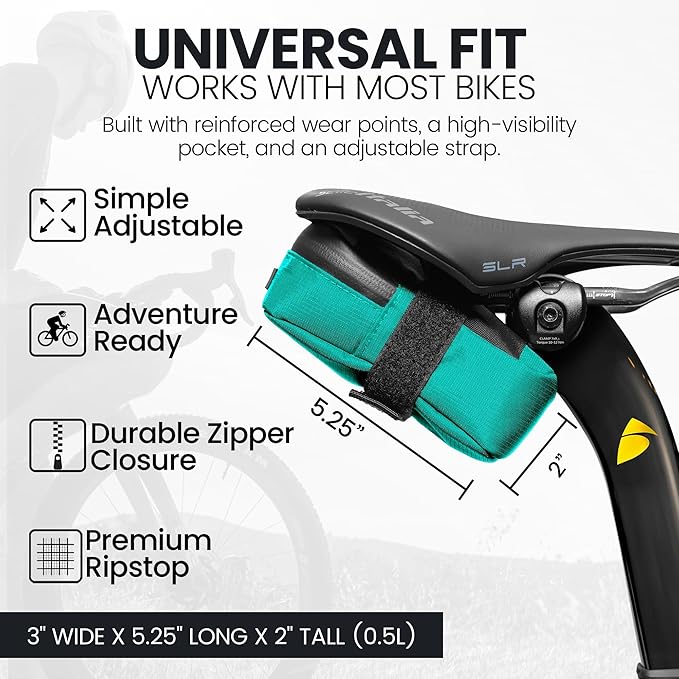 ALMSTHRE Signature Bike Saddle Bag – Aqua | 0.5L Bike Seat Bag (3" x 5.25" x 2") | Water-Resistant Ripstop, Waterproof Zipper, Internal Pocket | Durable Under Seat Storage