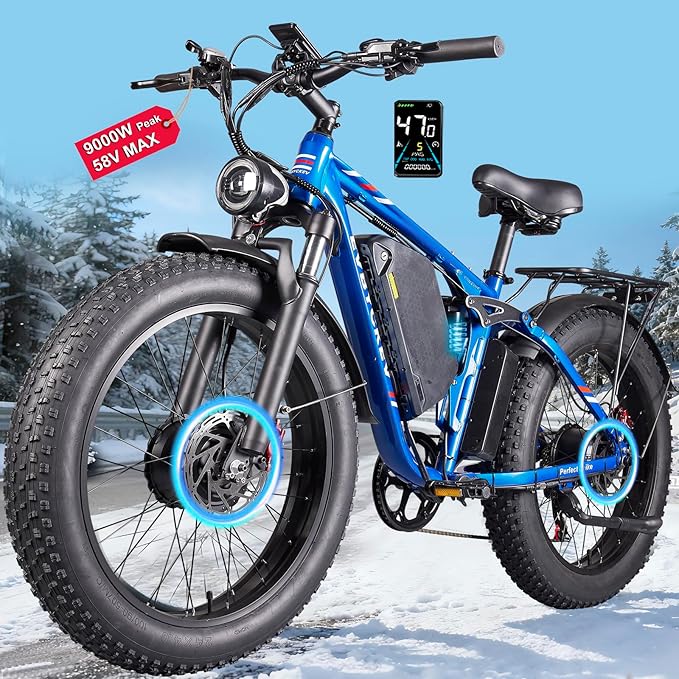 9000W Peak Dual Motor Ebike for Adults 47 MPH Fast ElectricBike, 58V Max Output 1972 Wh Up to 105 Miles Ebikes,24" Fat TireE-Bike,Full Suspension Electric Bicycle for Mountain Commuter Snow