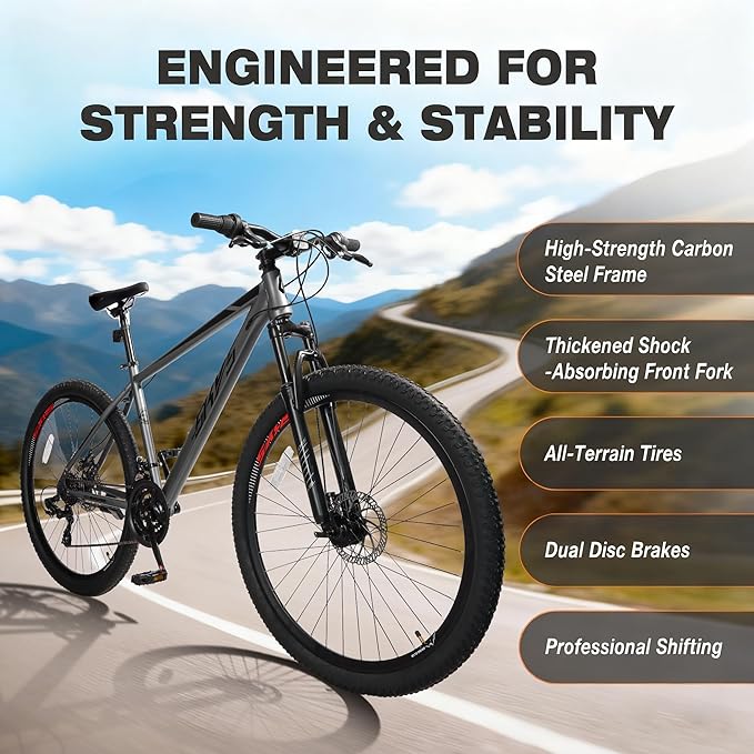 Convend 24/26/27.5" Mountain Bike for Adults, 21-Speed Twist Shifters, Lockout Suspension Fork, Dual Disc Brakes, High-Carbon Steel Frame, All-Terrain Tires, 85% Pre-Assembled