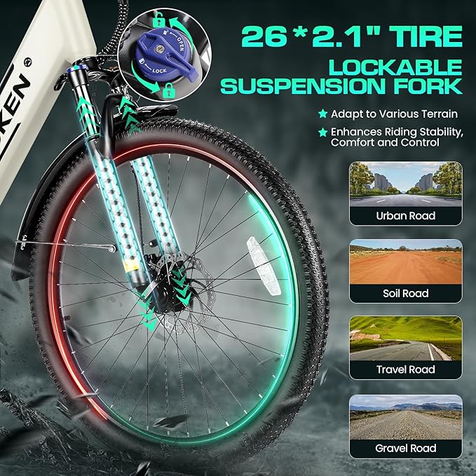 Wooken Electric Bike for Adults, 1000W Peak Ebike, 26" x 2.1" Tire Step Through Electric Bike, City Cruiser Ebike with 48V 10.4/15Ah Removable Battery, 7 Speed, SGS Certified to UL2849