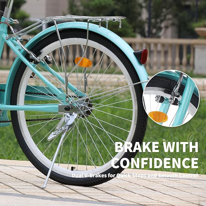24 inch Hybrid Bikes for Women, Adult Bicycles Lightweight Hi-Ten Steel Frame Road Bike Single Speed with Rear Rack and Basket, Commuter City Bike, Comfort Lady Bicycle, Vintage Adult Bike, Green