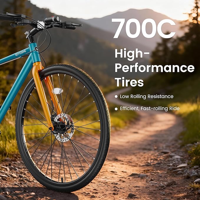 MOPHOTO Hybrid Bike for Adults, 700C City Commuter Bicycle, Lightweight Aluminum Frame, 8-Speed Urban Fitness Bike for Men&Women, Dual Disc Brakes, Upright Flat Handlebar, LED Headlight & Reflectors