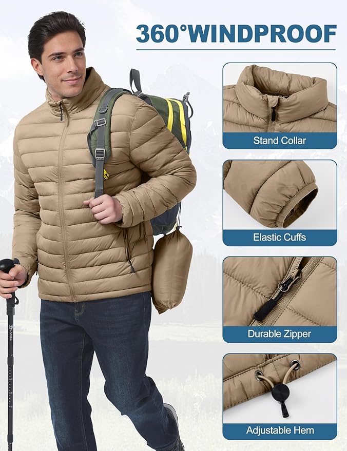 Men's Lightweight Packable Puffer Jacket Insulated Warm Winter Jackets Puffy Coat for Ski Hiking Travel