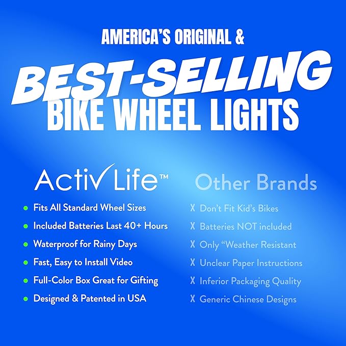 Activ Life 2-Tire Pack LED Bike Wheel Lights with Batteries Included, Get 100% Brighter and Visible from All Angles for Ultimate Safety and Style