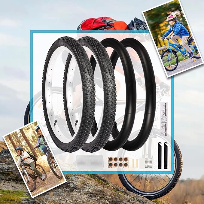 2 Pack 20" x 1.95" Mountain Bike Tire Set, 20 inch Folding Replacement Puncture-Resistant Bicycle Tires with 20 x 1.75-2.125 inch Bike Inner Tubes and Repair Tool Kit for Mountain Bike, Off-Road Bike