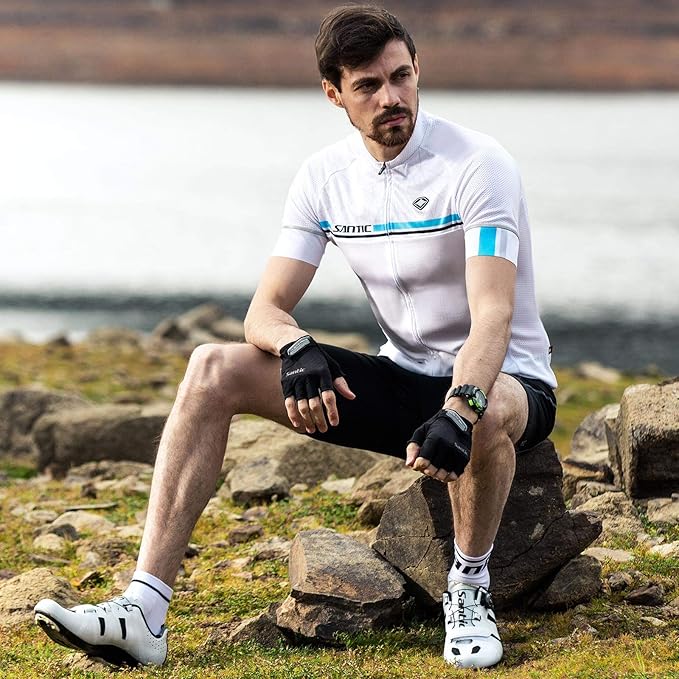 Santic Men's Cycling Jersey Short Sleeve Tops Pro Road Bike Shirt Full Zipper UPF 50+ MTB Jersey with Pockets