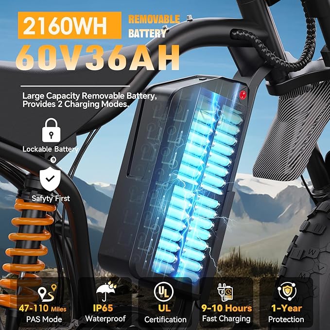 Electric Bike for Adults-3000W/5000W Peak, 60V 32/36AH Battery, 40/45MPH 100 Miles Long Range Ebike, Fat Tire 20Inch, 7-Speed Hydraulic Brake, Electric Dirt Bike Snow Commuter