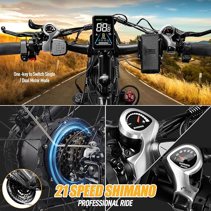 Qianchice Dual Motor Electric Bike for Adults-5000W Peak, 52V 36AH Battery, 40-45MPH 100 Miles Long Range Ebike, Fat Tire 26*4.0Inch, 21-Speed Hydraulic Brake, Electric Bicycles for Mountain Commuter