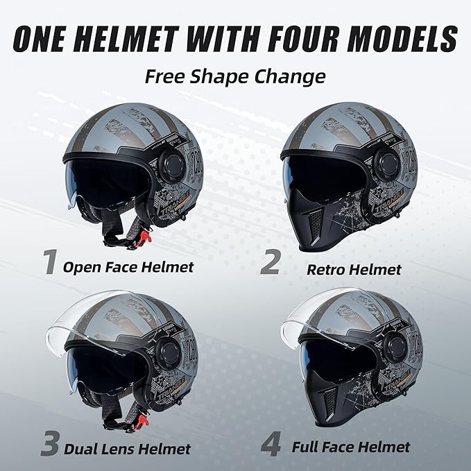 TRIANGLE Full Face Motorcycle Helmets,Off-Road Motocross Helmet for Men & Women,Dual Visor with Internal Tinted Sunshield,Open Face 3/4 Adult Racing Helmet DOT Approved(M)