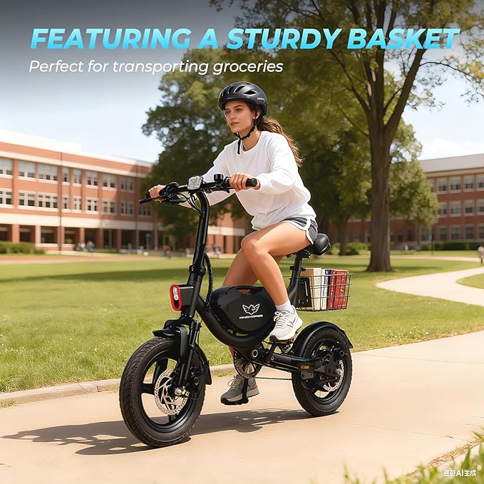 Electric Bike with Basket, 14" Folding Ebike 22 MPH, 35 Miles Range, Dual Suspension, 715W Peak Brushless Motor with 30° Uphill, Adjustable Seat, Commuter Electric Bicycle for Adults 330LBS Load
