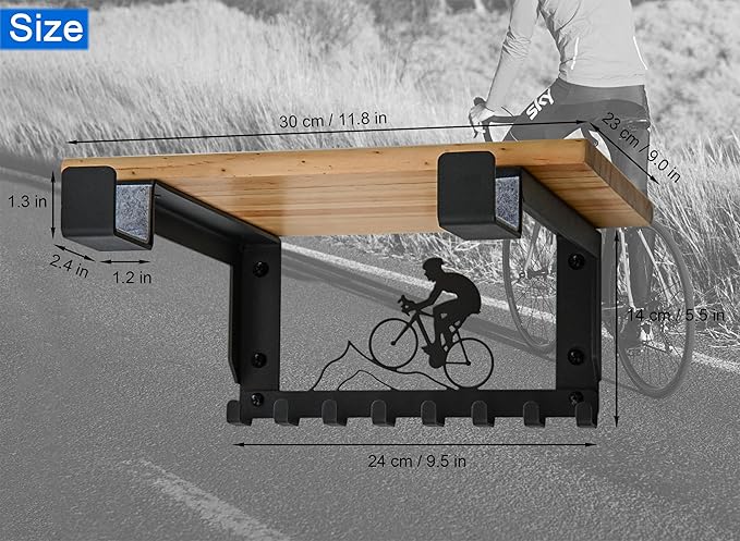 Bike Rack Wall Mount with Shelf and 8 Hooks Offer Horizontal Indoor Bike Storage for Sheds Garages. Wooden Bike Rack Bracket for Road, Mountain, Travel Bicycles, Maximizing Space