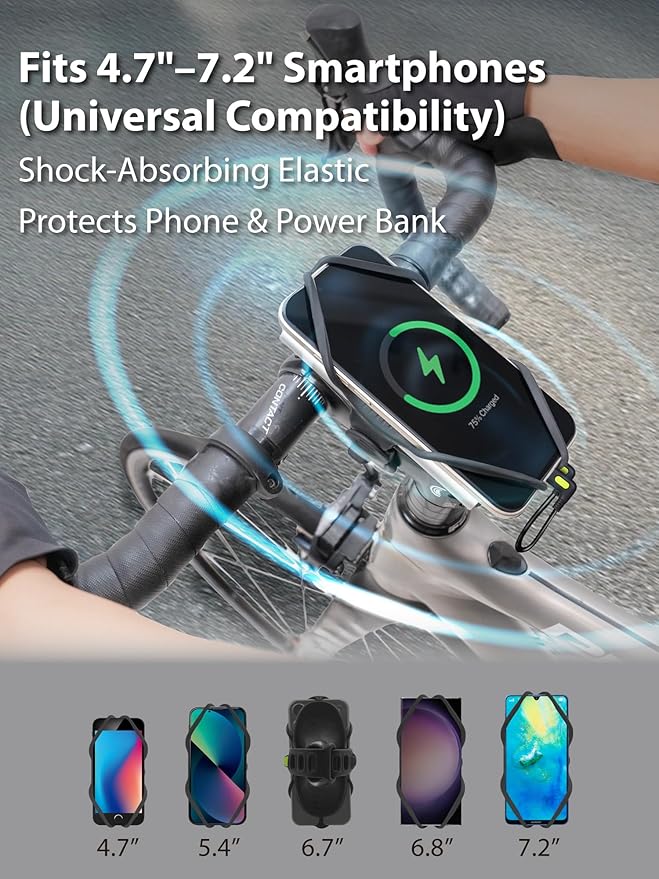 Bone Bike Tie 6 Pro-Pack, 2-in-1 Bike Phone and Charger Mount for Stem, Scratch-Free & Shock-Absorbing Silicone with Dual-Strap Protection, Cycling Holder for 4.7"–7.2" Smartphones and Power Banks