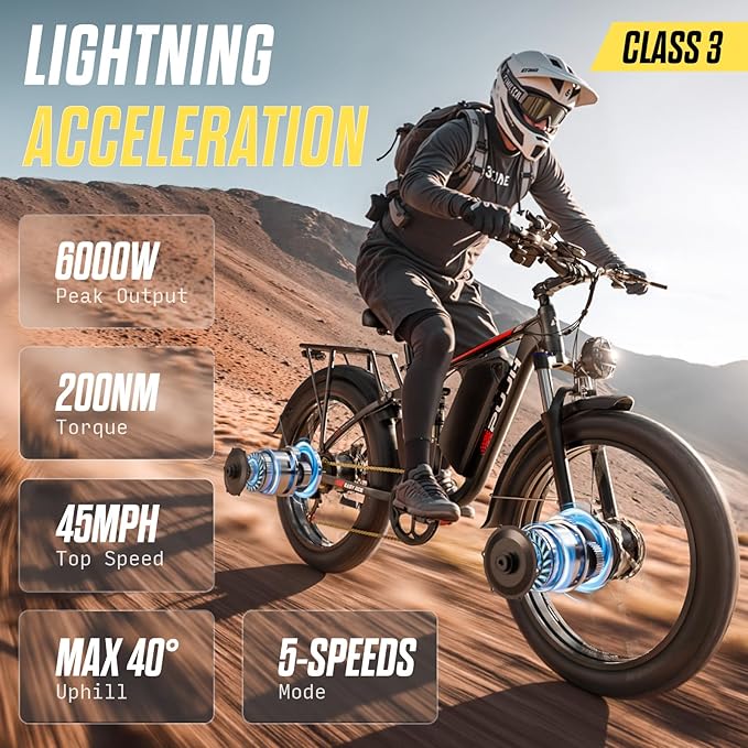 6000W Dual Motor Electric Bike for Adults 60V 20Ah Fast Ebike for Men Women,45MPH Up to 100 Miles,24" Fat Tire Suspension Electric Bicycle for Snow Commuter Mountain E-Bike