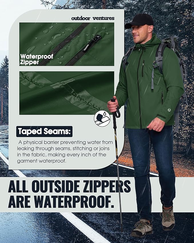 Outdoor Ventures Men's Packable Rain Jacket Waterproof Lightweight Raincoat with Hood Windproof Cycling Jackets