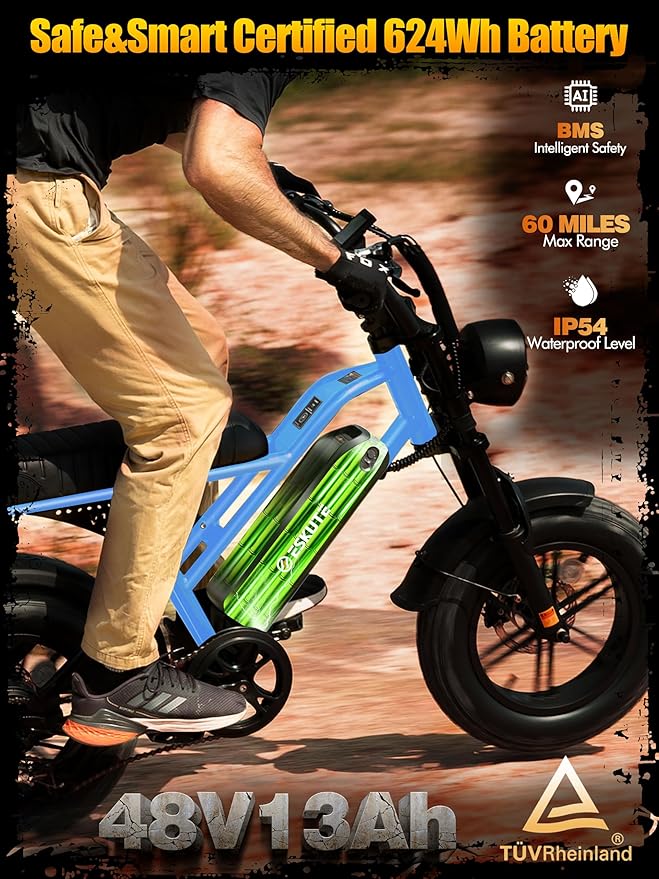 ESKUTE V100 Electric Bike for Adults, Electric Dirt Bike 1500W Peak Motor, All Terrain Dual Suspension E Bike 28MPH Top Speed, Ebike Up to 60 Miles Range, 16" Fat Tire, 48V13Ah Battery, 7-Speed