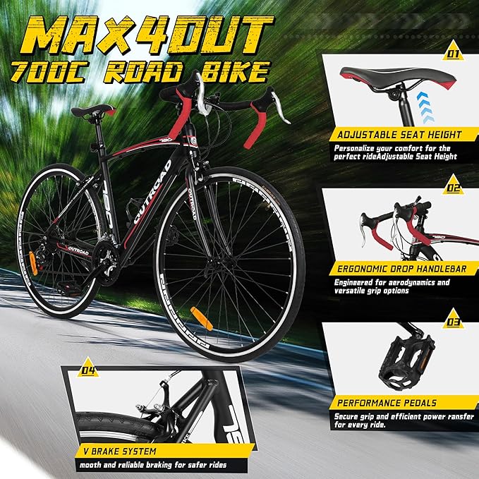 700C Lightweight Aluminum Road Bike – 14-21 Speed Commuter Bicycle with Dual Disc/V Brakes for Men & Women (Black, Red, Blue, White)