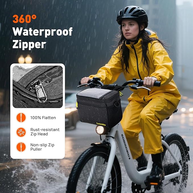 Bike Handlebar Bag Waterproof Front Bicycle Basket Bag 5L Storage Bag with Touch Screen Shoulder Strap, Mesh Pockets, Shoulder Strap,Waterproof Zipper