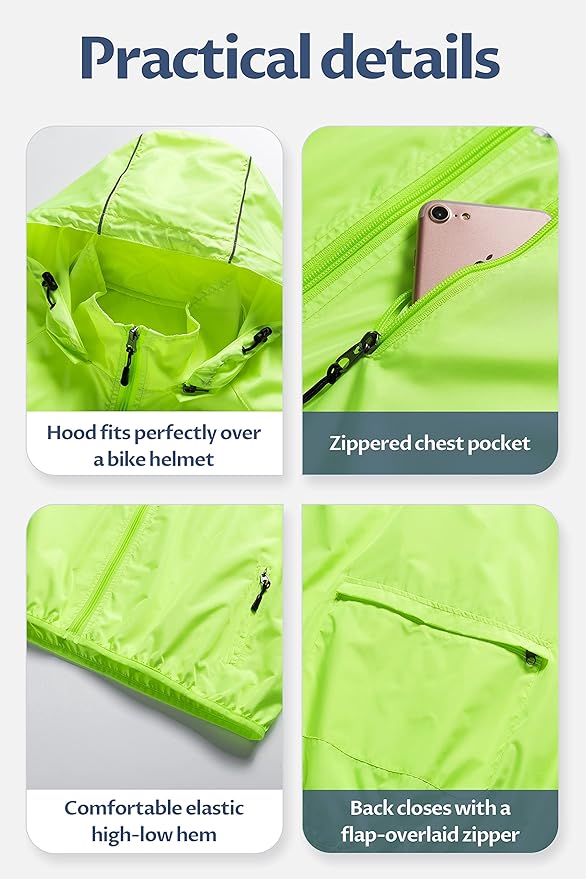 CREATMO US Men's Packable Waterproof Running Rain Coats Reflective Cycling Jacket Windbreaker With Removable Hood