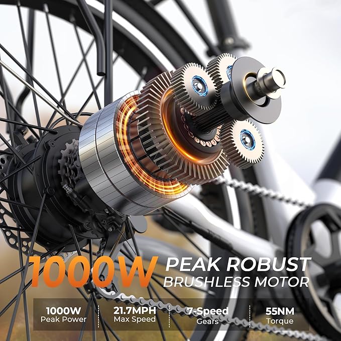 Electric Bike for Adults,26" Step-Thru EBike with 1000W Peak Motor,50 Miles 21.7MPH Adult Electric Bicycles with 48V Internal Removable Battery, Adjustable Stem,7 Speed,UL 2849 Certified