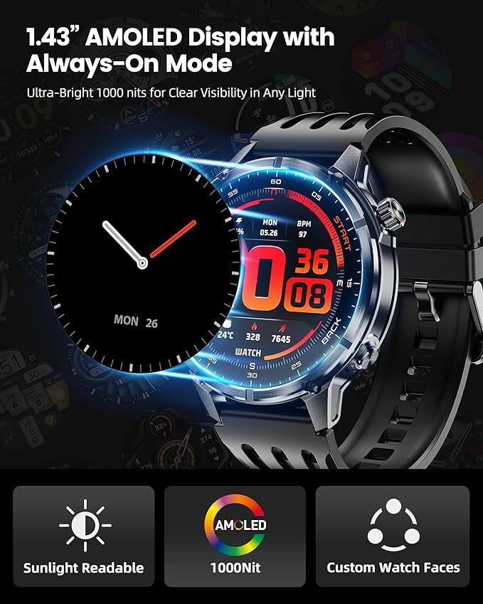 WalkerFit GPS Smart Watch for Men, Multi-Satellite Positioning, Full Metal Body, 520mAh Long Battery Life, 5ATM Waterproof with Bluetooth Call, 1.43" AMOLED Screen, for iPhone/Android, Black