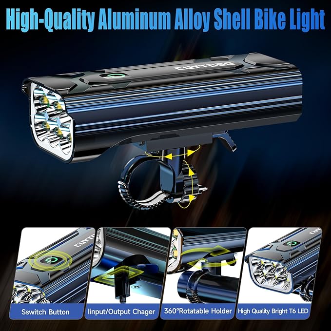 2026 Upgrade 6800Lumen Bike Light for Night Riding,Super Bright 6 LED Headlight,Aluminum 10 Mode Rechargeable Bicycle Light Front and Rear,360°Rotatable Brackt,Waterproof,Runtime 72 hr,Road Shockproof