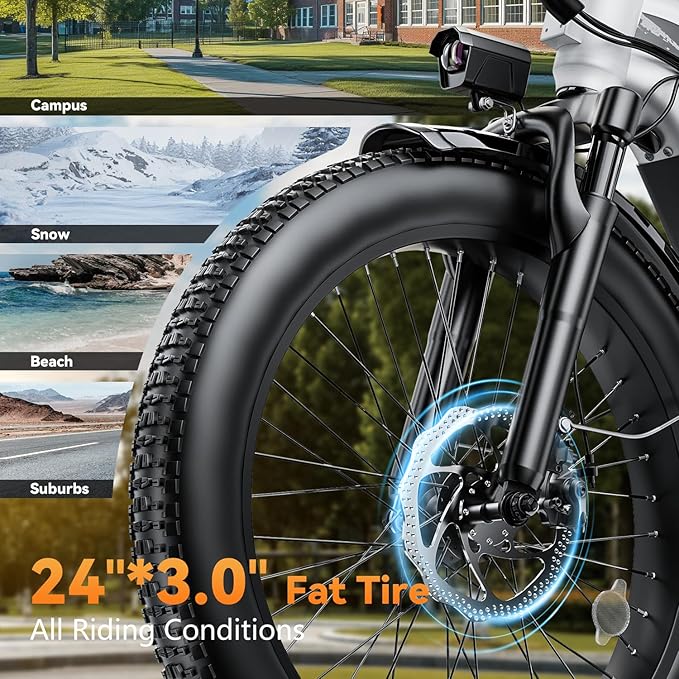 1500W Motor Electric Bike for Adults & Teenager, 48V 20AH Removable Battery Ebike, 24inch Fat Tire Electric Bicycle with 30+MPH, Step-Thru E Bike for Commuting & Mountain, Front Suspension
