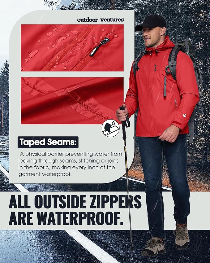 Outdoor Ventures Men's Packable Rain Jacket Waterproof Lightweight Raincoat with Hood Windproof Cycling Jackets