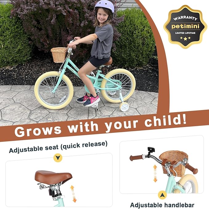 Petimini Vintage Kids Bike for Girls, 12–20 Inch Classic Bicycle with Wicker Basket & Bell, High Tensile Steel Frame, Training Wheels (12–18”), 85% Pre-Assembled, Retro Bike for Outdoor Riding