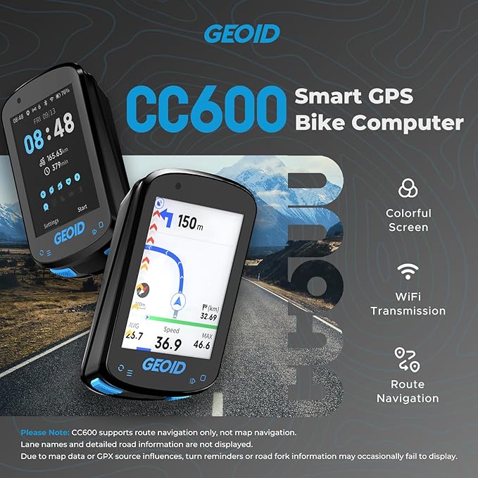 GEOID CC600 Color Screen Bike/Cycling Computer Wireless - Route Navigation with Re-Route Planing, WiFi & Bluetooth, Fast 5s GPS Positioning, with CS600 Cadence/Speed Sensor for Cycling