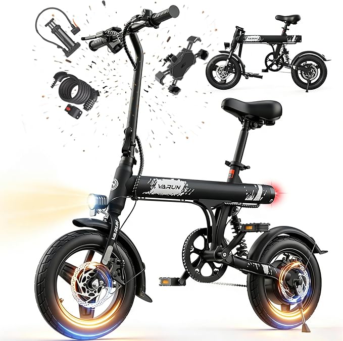 VARUN Electric Bike- Commuter Ebike for Adults 500W Peak Motor, 20 MPH Speed, Long-Range, Waterproof Battery & Chain, 14" Foldable Electric Bicycle with Dual Disc Brakes and Rear Suspension