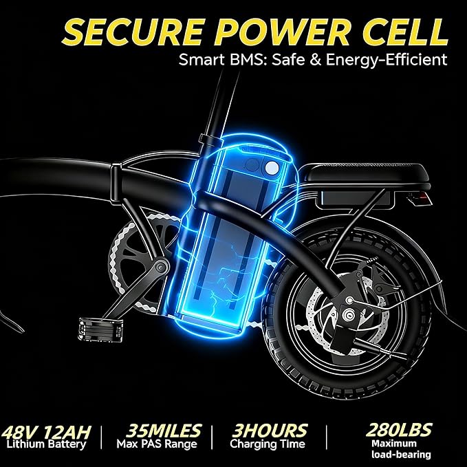 14" Commuter E-Bike for Adults, 500W Folding Electric Bike Up to 25MPh & 35-Mile Range, 48V12AH Removable Battery, Ul 2849 Certified Compact Electric Bicycle