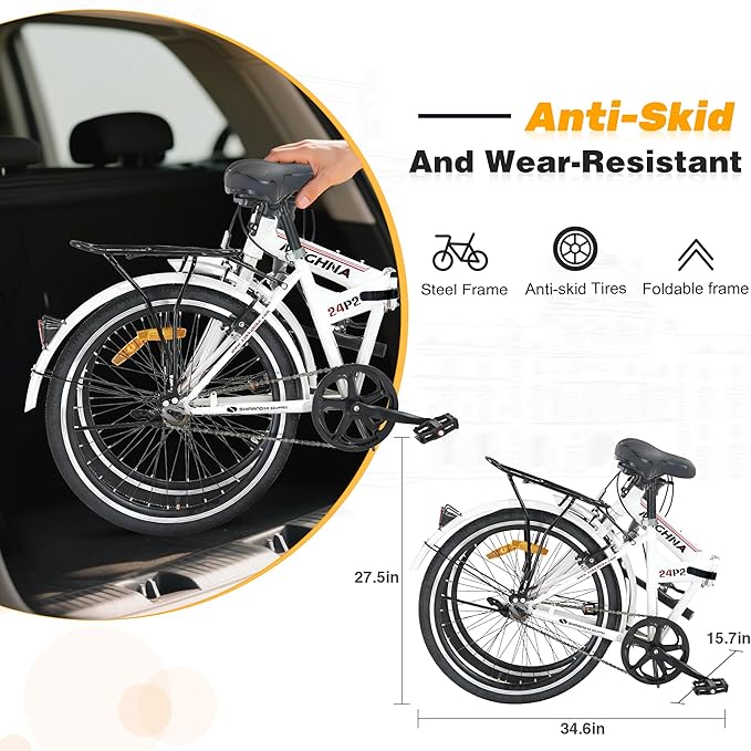 24" Folding City Bikes Steel Frame 7 Speed Folding Bikes,Lightweight Folding Bikes，Folding Commuter Bike for Adults/Men/Student，Bike with Rear Rack，Adjustable Stem，3 Colors
