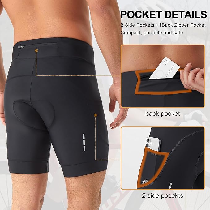 Men's Cycling Shorts with Zipper Pockets 4D Padded Bike Shorts for Men with Non-Slip Grips Reflective Elements