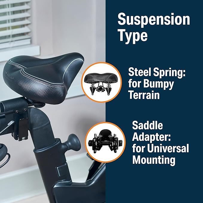 Bikeroo Extra Wide Replacement Saddle - Fits Indoor & Outdoor Bicycles - Steel Spring & Elastomer Suspension - Center Cutout - Memory Foam