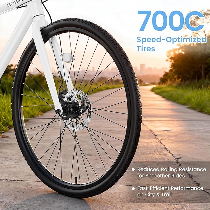 700C Hybrid Bike for Adults, Lightweight Aluminum City Commuter Bicycle, 8-Speed Urban Fitness Bike for Men & Women, Dual Disc Brakes, Upright Handlebar, LED Headlight & Reflectors